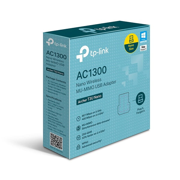 Adaptador inalámbrico nano USB 2.0 TP-Link Archer T3U Nano AC1300 MU-MIMO 2.4GHz a 400 Mbps y 5GHz a 867 Mbps