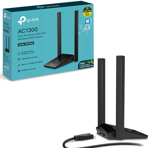Adaptador inalámbrico USB 3.0 TP-Link ArcherT4U Plus AC1300 con 2 antenas de alta ganancia 5dBi ajustables