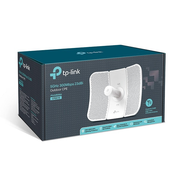 CPE exterior TP-Link CPE610 IP65 5GHz 300Mbps 23dBi antena 2x2 MIMO direccional Pharos MAXtream TDMA