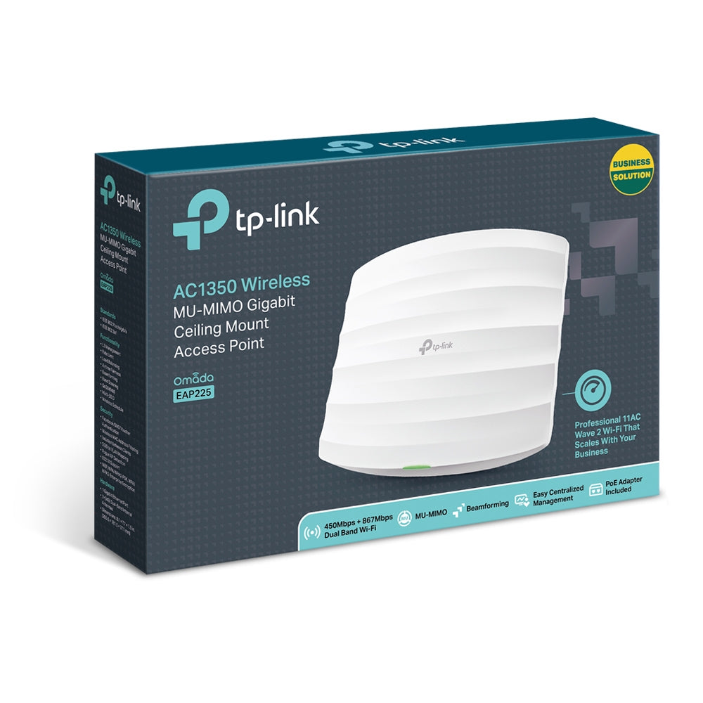 Access Point para interior TP-Link EAP225 Wi-Fi AC1350 MU-MIMO montaje en techo 1 puerto gigabit PoE (802.3af) Beamforming