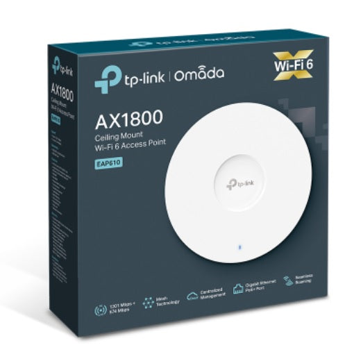 Access Point inalámbrico TP-Link EAP610 v2 para interior Wi-Fi 6 AX1800 MU-MIMO 1 RJ45 gigabit PoE+ 802.3at Omada Mesh diseño slim