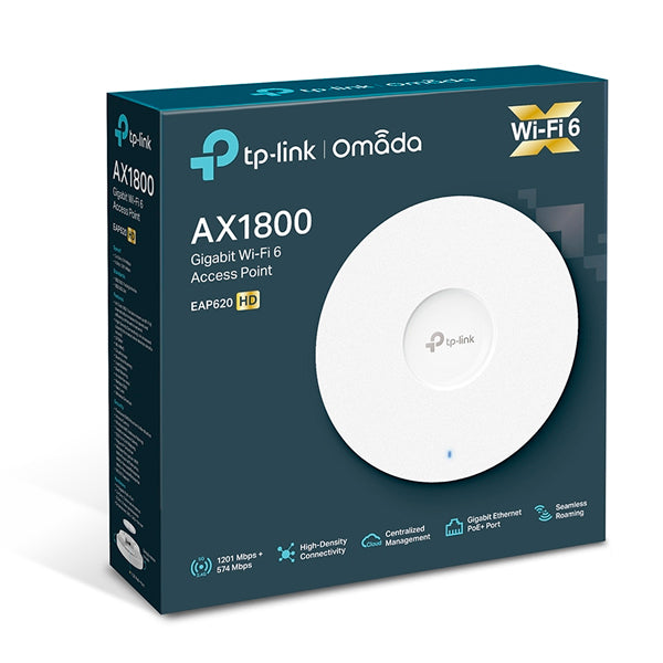 Access Point TP-Link para interior Wi-Fi 6 EAP620 HD AX1800 MU-MIMO 1 puerto RJ45 gigabitPoE+ 802.3at Omada SDN ZTP