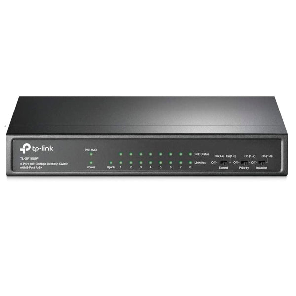 Switch TP-Link TL-SF1009P metálico 9 puertos RJ45 10/100M (8 puertos PoE+ 802.3 af/at max 65W) modo priority extensión cableado