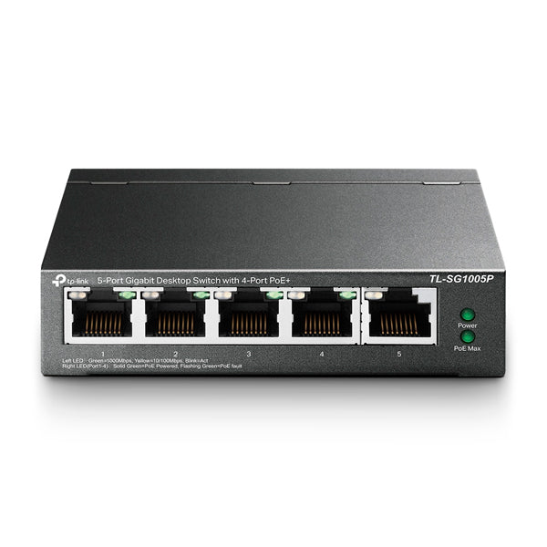 Switch TP-Link TL-SG1005P metálico de escritorio 5 puertos gigabit (4 puertos PoE+ 802.3 af/at max. 56W) no administrable