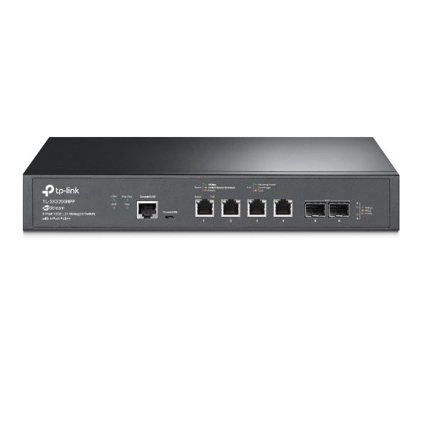 Switch TP-Link JetStream TL-SX3206HPP administrable L2/L2+ 4 puertos RJ45 10GE PoE+ max 200W 2 puertos SFP+ 10Gbps 1 puerto consola