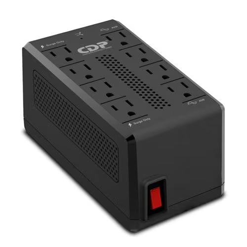 Regulador CDP RAVR1408 1410 VA/700W 8 contactos NEMA5-15R (4 c/ AVR/supresión y 4 c/supresión) botón encendido 98Vca - 145Vca