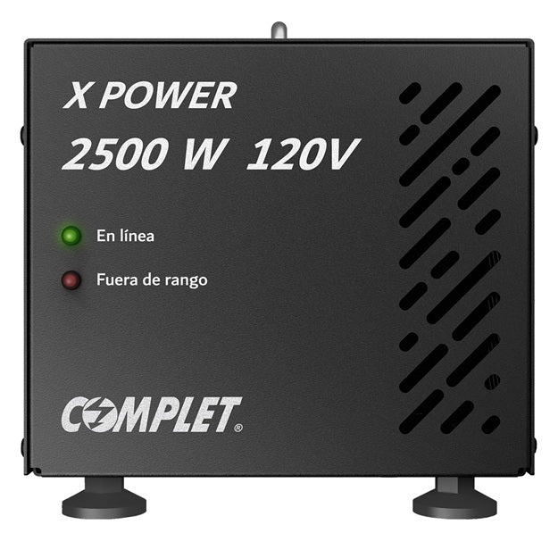 Regulador electrónico de voltaje COMPLET X-POWER ERV-10-005 2500VA potencia 2500W voltaje 120V 2x NEMA 5-15R y banco de terminales