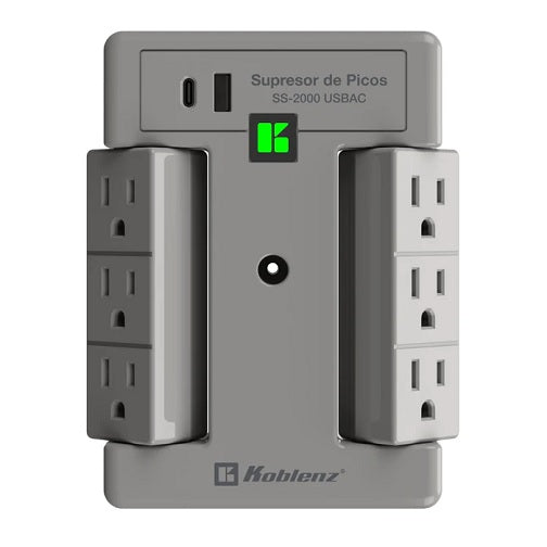 Supresor de picos Multicontacto de pared Koblenz SS-2000 USBAC 6 NEMA 5-15R giratorios 1xUSB-C 35W y 1xUSB-A 2.4A 5Vcc 15A 2000J