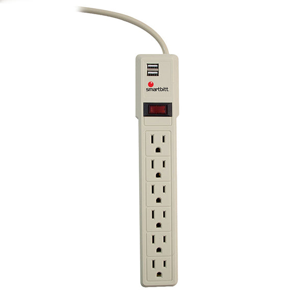 Supresor de picos Smartbitt SBSS-550J6USB 6 NEMA 5-15R 550 Joules 2 puertos de carga USB 2.1A/5Vcd switch On/Off