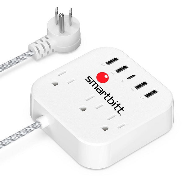 Multicontacto portátil Smartbitt SBSS-B3-5U 3 NEMA 5-15R 1 x USB-C 5V-3A y 4 x USB-A 5V-2.4A longitud de cable 1.5M