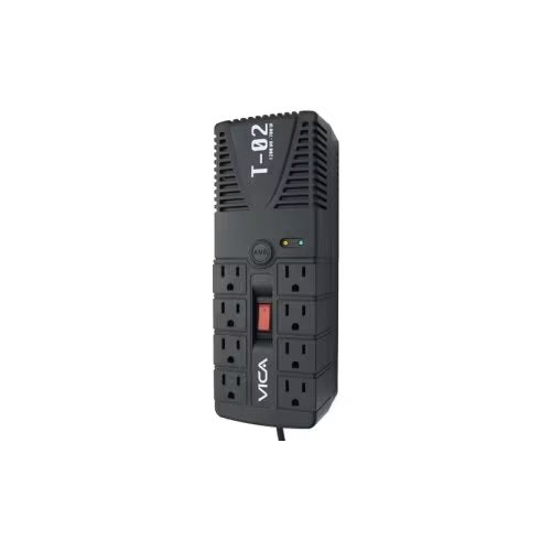 Regulador de voltaje VICA T-02 1200VA/ 700W indicadores LED 8 NEMA 5-15R 1x RJ45 y RJ11 switch ON/OFF empotrable en pared