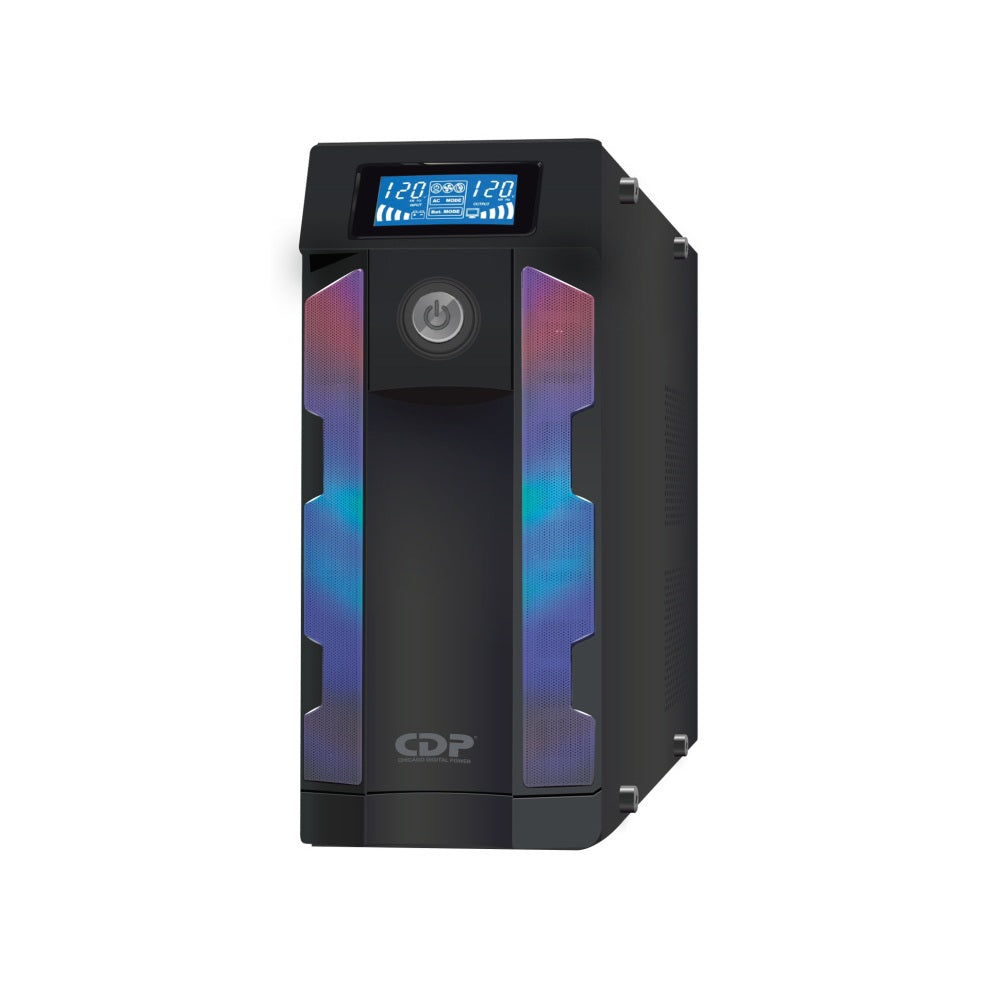 UPS CDP Gaming GSMART1516B 1500VA/900W LCD luces RGB 16 NEMA 5-15R (8 c/protección batería) 2x USB-C y 8x USB-A carga total 2.4A color negro (black)