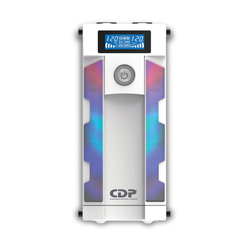 UPS CDP Gaming GSMART1516 1500VA/900W LCD luces RGB 16 NEMA 5-15R (8 c/protección batería) 2x USB-C y 8x USB-A carga total 2.4A color blanco