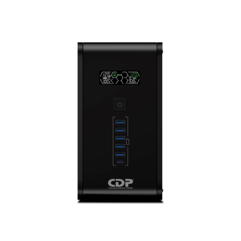 UPS inteligente CDP R-SMART2010 2.0kVA/ 1.2kW AVR LCD 10 NEMA5-15R (5 c/respaldo bat) 5x USB-A y 1x USB-C total 2.4A carga 1x USB tipo B