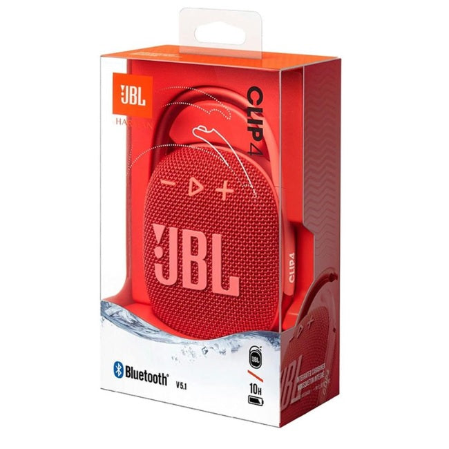 Bocina JBL Clip 4 Bluetooth Rojo con negro 8.6cm resistente agua y polvo IP67 carga rapida USB C