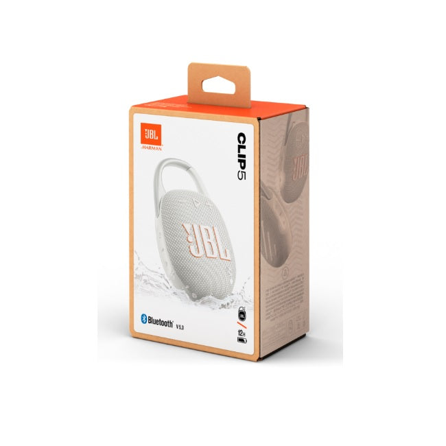 Bocina JBL Clip 5 Bluetooth Blanca 8.6cm resistente agua y polvo IP67 carga rapida USB C