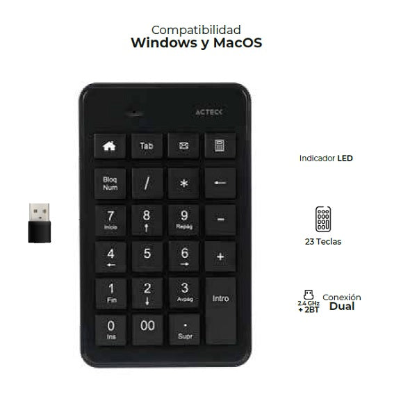 Teclado Acteck Numérico Inspire Pad TN450 Inalámbrico + Bluetooth Dual Mode