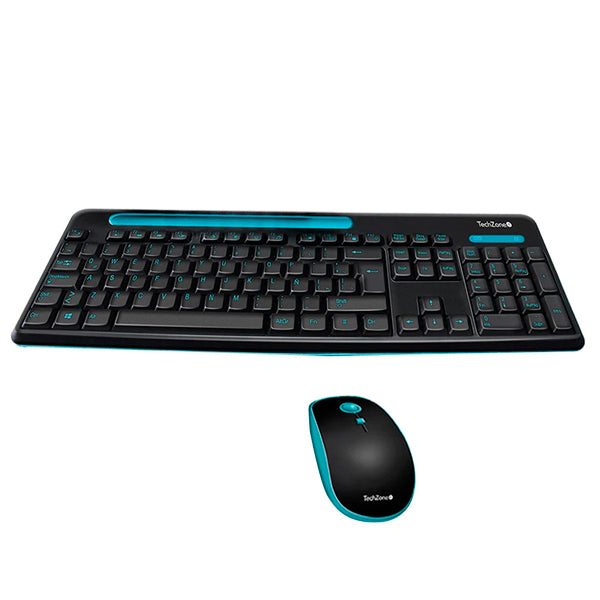 Kit Teclado y Mouse Techzone TASKING Negro con Azul Conexion Inalambrica 2400Mhz Compatible con Windows y MacOS DPI 1600 Alcance 10 m.