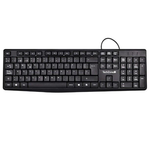 Teclado Techzone Alambrico Negro 105 Teclas Indicador NUM/MAY/BloqueoDesplazamiento Compatible con Windows y macOS Medida 439x135x21mm TZACTCA04
