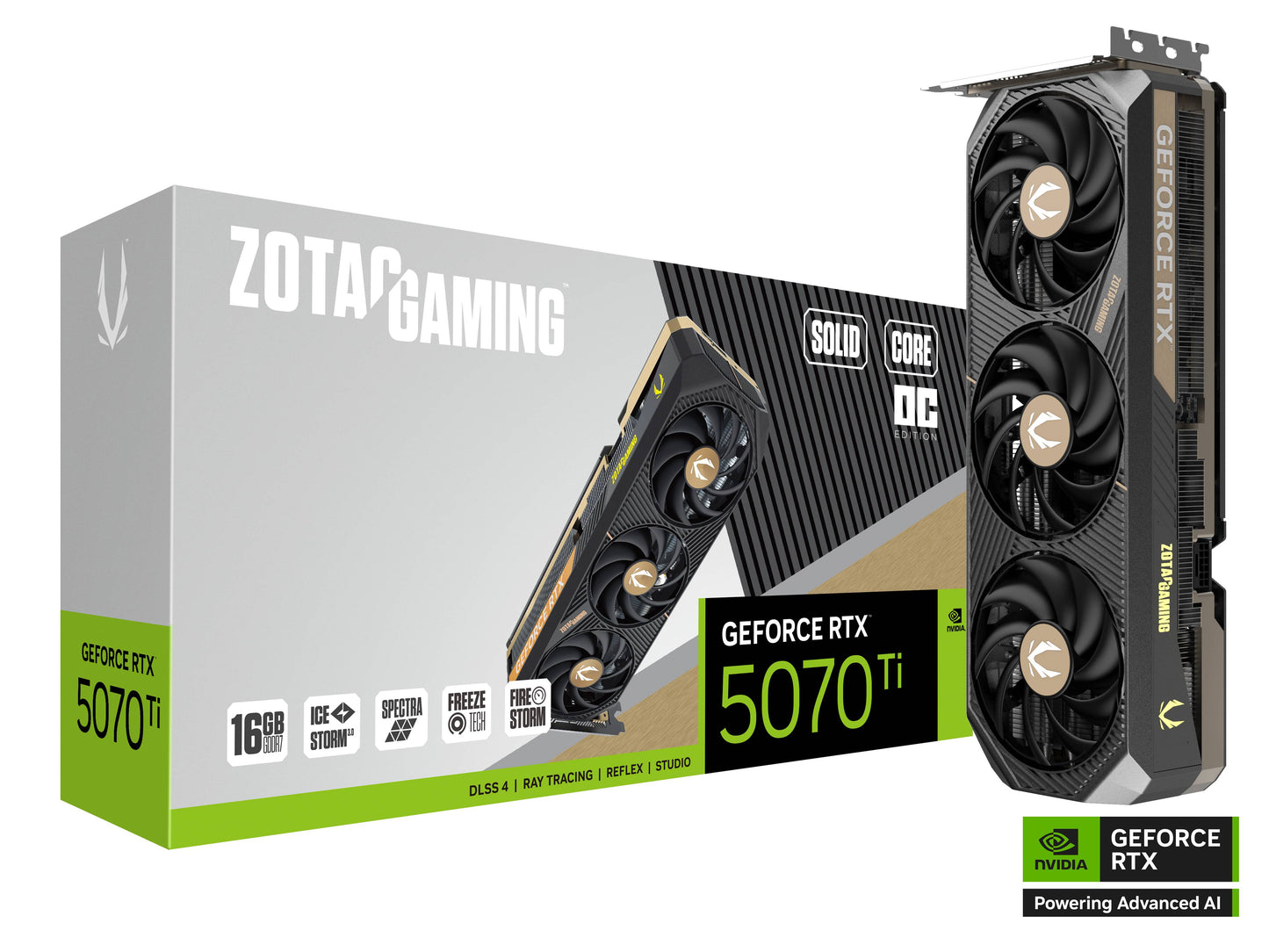 TARJETA DE VIDEO ZOTAC (ZT-B50710J2-10P) RTX 5070TI SOLID OC 16GB GDDR7,PCIE 5,3*FAN. TECH