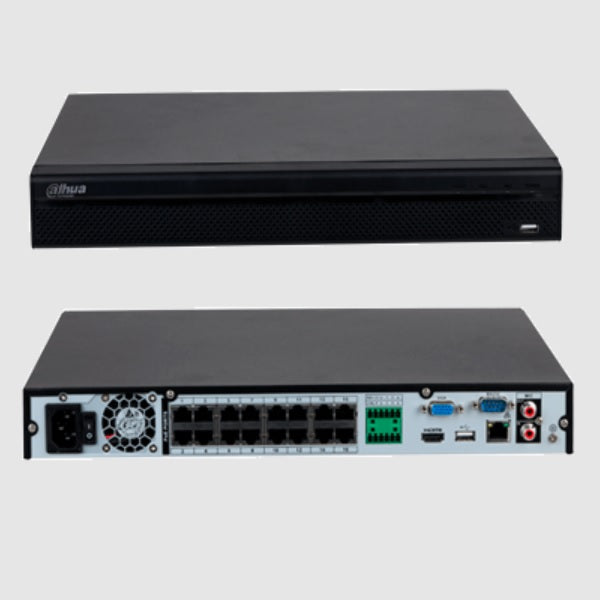 NVR Dahua DHI-NVR4216-16P-4KS3 8 mpx 4 k 16 canales IP 16 puertos PoE rendimiento de 160 mbps smart h265 2 bahias de discos duros salida de video HDMI&VGA