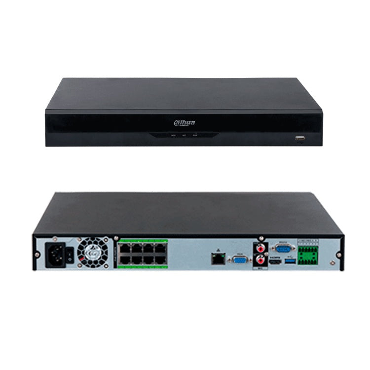 NVR Dahua DHI-NVR5208-8P-EI de 8 canales IP con tecnologia como AcuPick y WizSense, 8 puertos PoE, Smart H.265+ 2 canales de reconocimiento facial, 20 bases de datos de rostros, 2 puertos SATA,