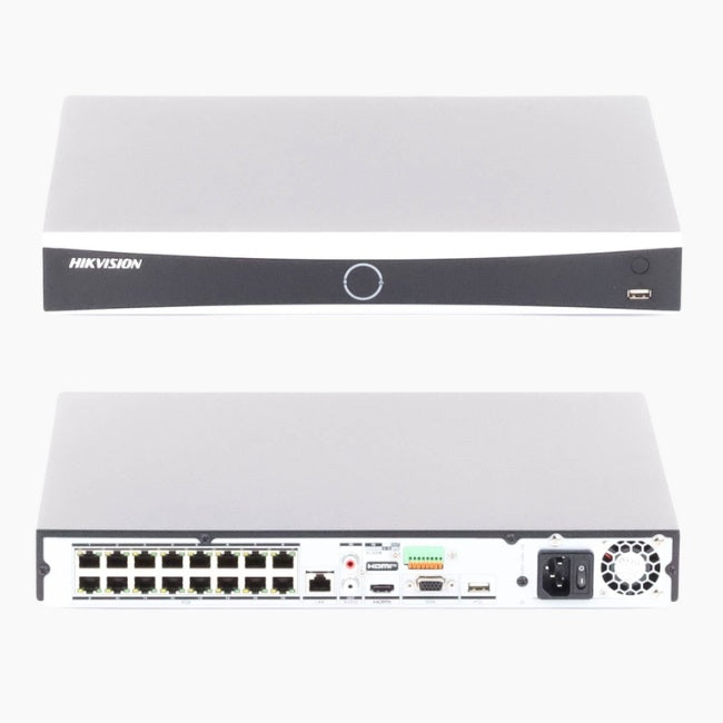 Nvr Hikvision 12 Megapixel (4K) / 32 canales IP / 16 Puertos PoE+ / Recocimiento Facial / AcuSense (Evita Falsas Alarmas) / 2 Bahias de Disco Duro / HDMI en 4K /