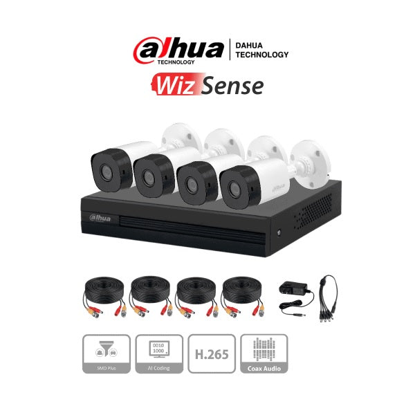Kit Dahua DH-KIT/XVR1B04-I/4-B1A11N-0280B dvr 4 canales 1 mpx B1A11 con ente de 2.8mm 93 gds de apertura hasta 5CH+1 ip busqueda de humanos y vehiculos
