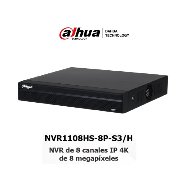 NVR Dahua DHI-NVR1108HS-8P-S3/H 8 mpx 4k 8 canales ip 8 puertos PoE smart h.265 salida de video HDMI&VGA 1 bahia de disco duro
