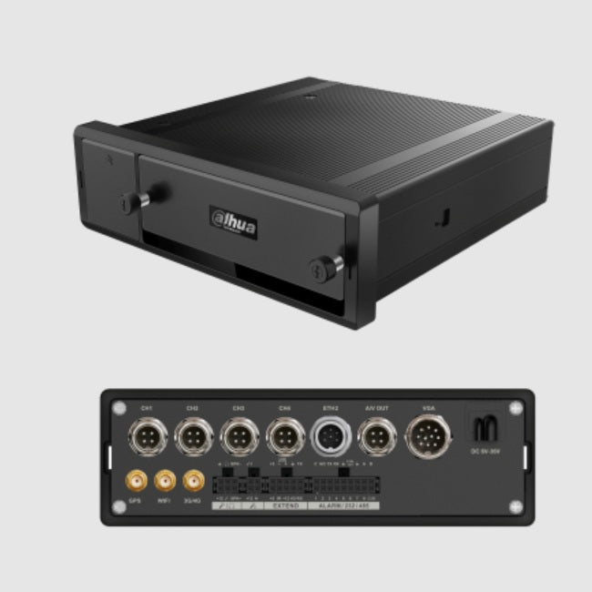 Dvr movil Dahua DHI-MXVR4104-GFWI de 4 canales HDCVI 1080p + 4 canales IP H.265 GPS 4G P2P WiFi soporta 1 HDD de 2.5in y 1 tarjeta SD compatible con