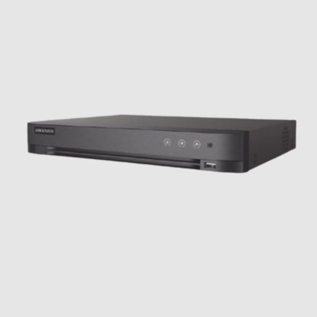 DVR Hikvision IDS7208HQHIM1/XT 8 canales turboHD + 4 canales IP 5 mpx lite 3k audio de dos vias por coaxial reconocimiento facial ACUSENSE 1 bahia de disco duro salida de video full HD