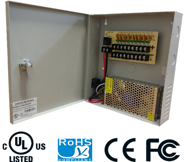 SAXXON PSU1210D9- FUENTE DE PODER REGULADA 12V10 AMP. DISTRIBUIDOR PARA 9 CAMARAS 1.1 AMP MAXIMO POR CANAL