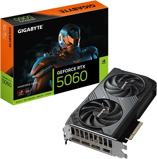 GIGABYTE Tarjeta gráfica GeForce RTX 5060 WINDFORCE OC 8G, 8 GB 128 bits GDDR7, PCIe 5.0, Sistema de refrigeración WINDFORCE, Tarjeta de Video GV-N5060WF2OC-8GD. TECHS