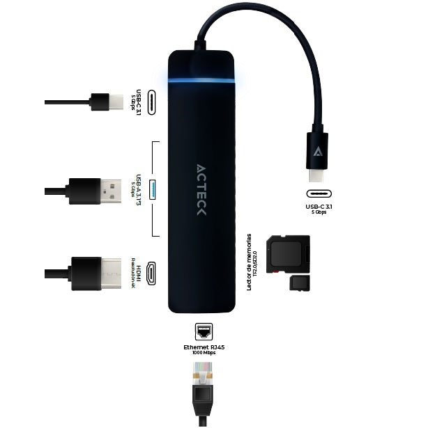 HUB Docking Acteck USB C 8 en 1 Gate 8 DH675 4K HDMI Ethernet 1000Mbps 3xUSB A 3.0 SD/TF USB C PD cargador