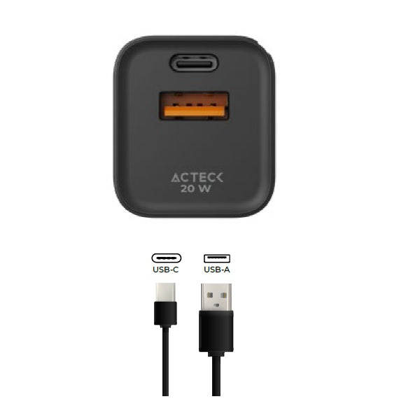 Cargador Acteck Turbo de pared 20w tecnologia gan CP420 Energon prime 1xUSB C 1xUSB A