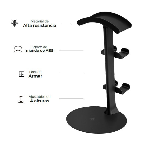 Soporte de Escritorio Acteck Vault Station BD414 para Audífonos Celulares Gamepads 4 Puntos de Ajuste Negro