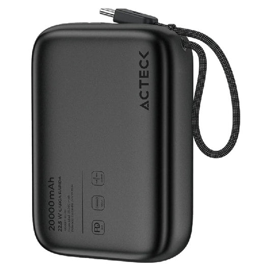 Cargador Acteck Energon Power Bank Go Plug Max PG80 20000mAh Negro USB-C con cable integrado 22.5w 3C Standard Elite Series