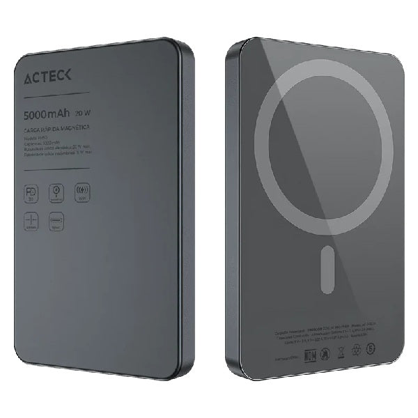 Cargador Acteck Energon Power Bank Go Slim Pro PM50 5000mAh Negro Carga Inalámbrica Magnética 20w Qi2 Diseño Super Delgado 3C Standard Elite Series