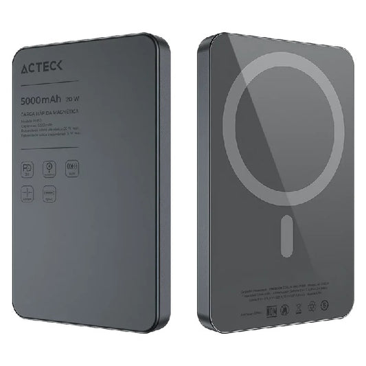 Cargador Acteck Energon Power Bank Go Slim Pro PM50 5000mAh Negro Carga Inalámbrica Magnética 20w Qi2 Diseño Super Delgado 3C Standard Elite Series