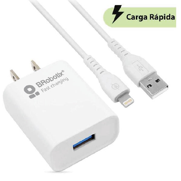 Cargador Brobotix combo carga rapida USB V3.0 con cable Lighthing color Blanco