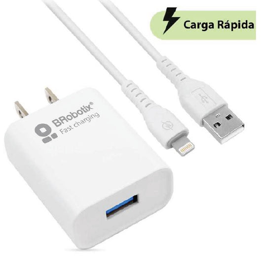 Cargador Brobotix combo carga rapida USB V3.0 con cable Lighthing color Blanco