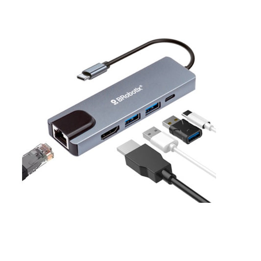 Docking Brobotix 5 en 1 conector tipo C a HDMI USB V3.0x 3 y USB tipo C color Plata