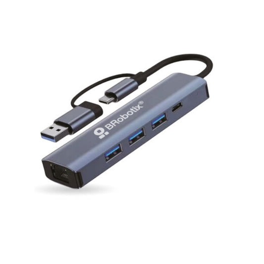 Docking Brobotix 5 en 2 con conector dual USB A y tipo C A USB V3.0x3 USB tipo C Y RJ45 Gigabit color Plateado