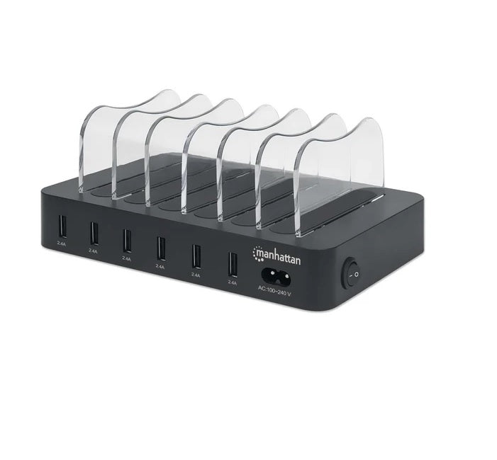 Estacion de carga Manhattan con 6 puertos USB-A 5v 2.4Ah cada uno Dimensiones 185x130x31 mm Modelo 102254