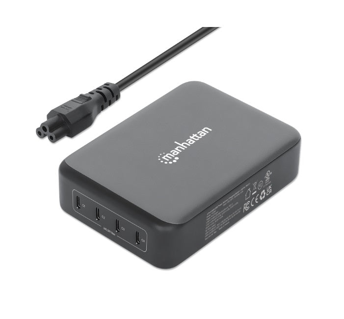 Estacion de carga PD Manhattan con 4 puertos USB-C con una potencia maxima de 240 W Compatible con laptop MacBook Pro Ultrabook telefonos/tabletas y consolas portatiles de videojuegos Negro
