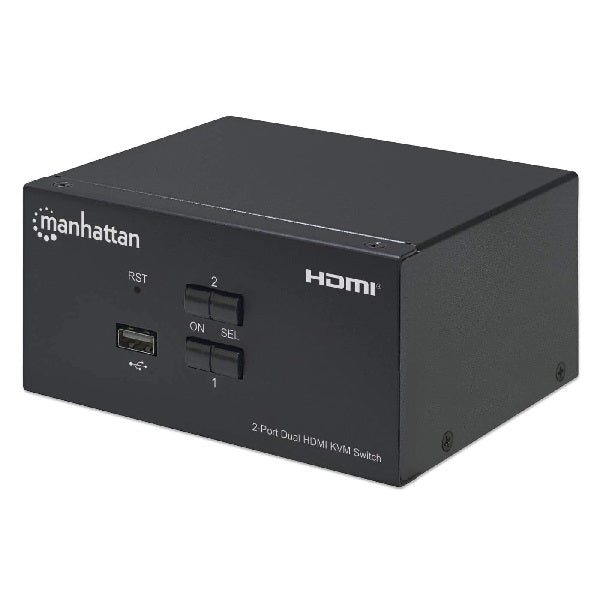 Switch KVM Manhattan HDMI de 2 puertos para doble monitor y con conexiones de audio y microfono de 3.5 mm Modelo 153522