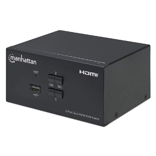 Switch KVM Manhattan HDMI de 2 puertos para doble monitor y con conexiones de audio y microfono de 3.5 mm Modelo 153522