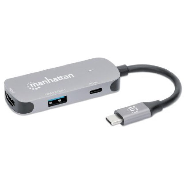Docking Manhattan Convertidor USB-C a HDMI, 3 en 1 con PD x1 USB-C PD/x1 USB-A y un HDMI 4K 60Hz 3840x2160 Aluminio gris espacial Modelo 190299