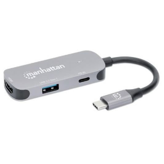 Docking Manhattan Convertidor USB-C a HDMI, 3 en 1 con PD x1 USB-C PD/x1 USB-A y un HDMI 4K 60Hz 3840x2160 Aluminio gris espacial Modelo 190299