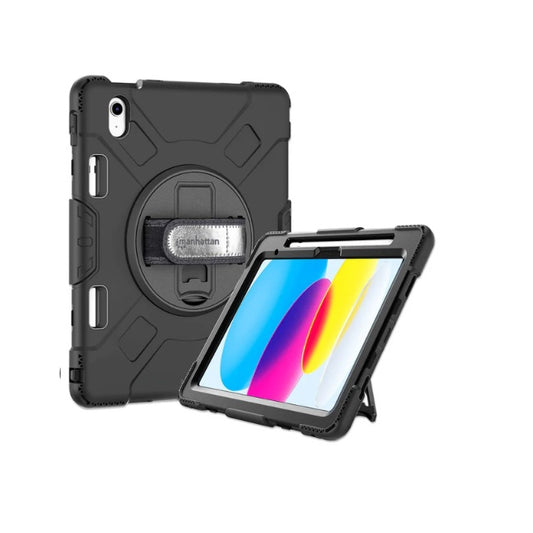 Funda Manhattan de uso rudo para Ipad 10.9 pulgadas 10a Gen negro correa de mano y hombro soporte de apoyo plegable giratorio